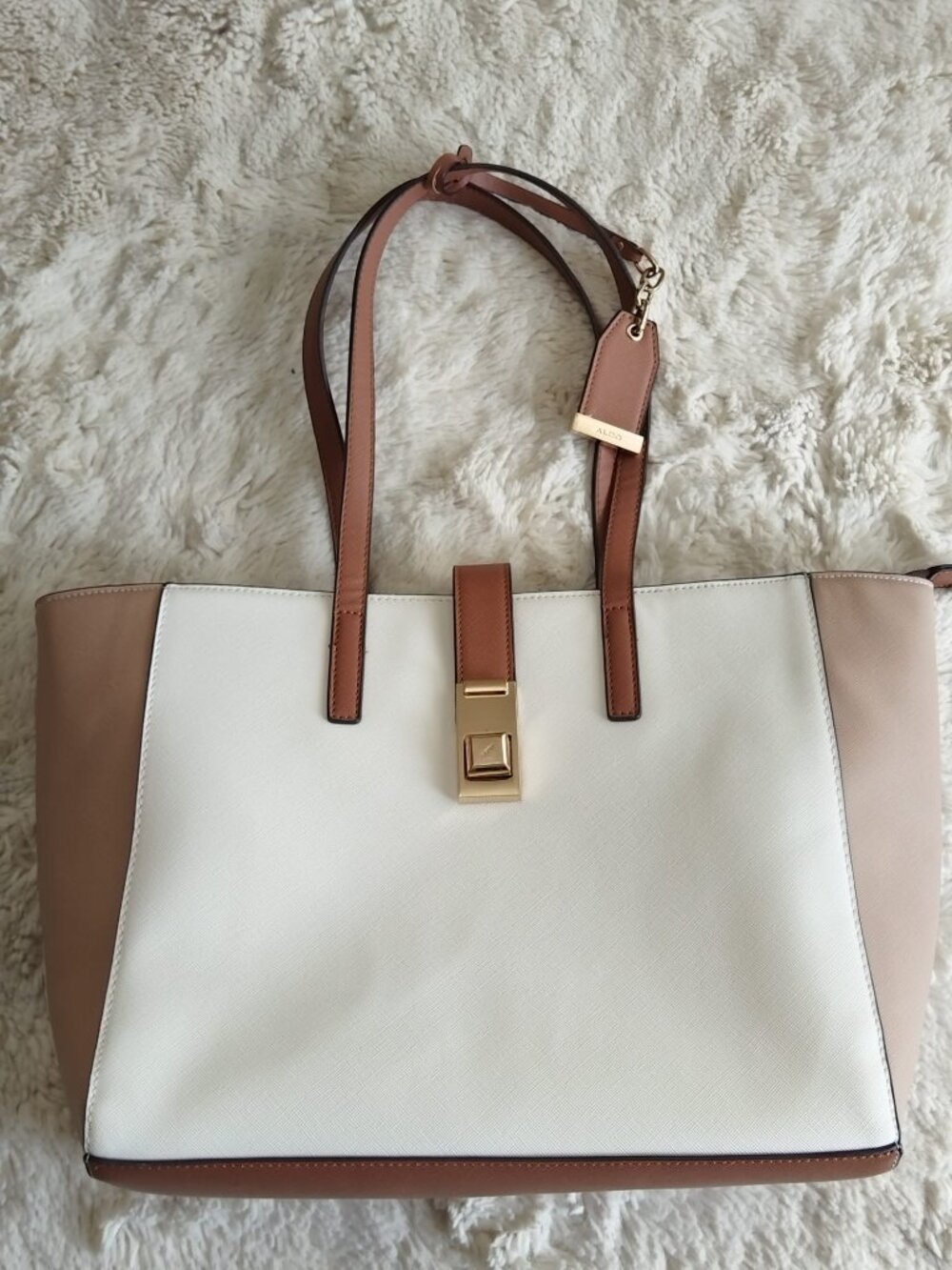 ALDO Colorblock Tote Satchel Bag White Brown Beige Gold Hardware
